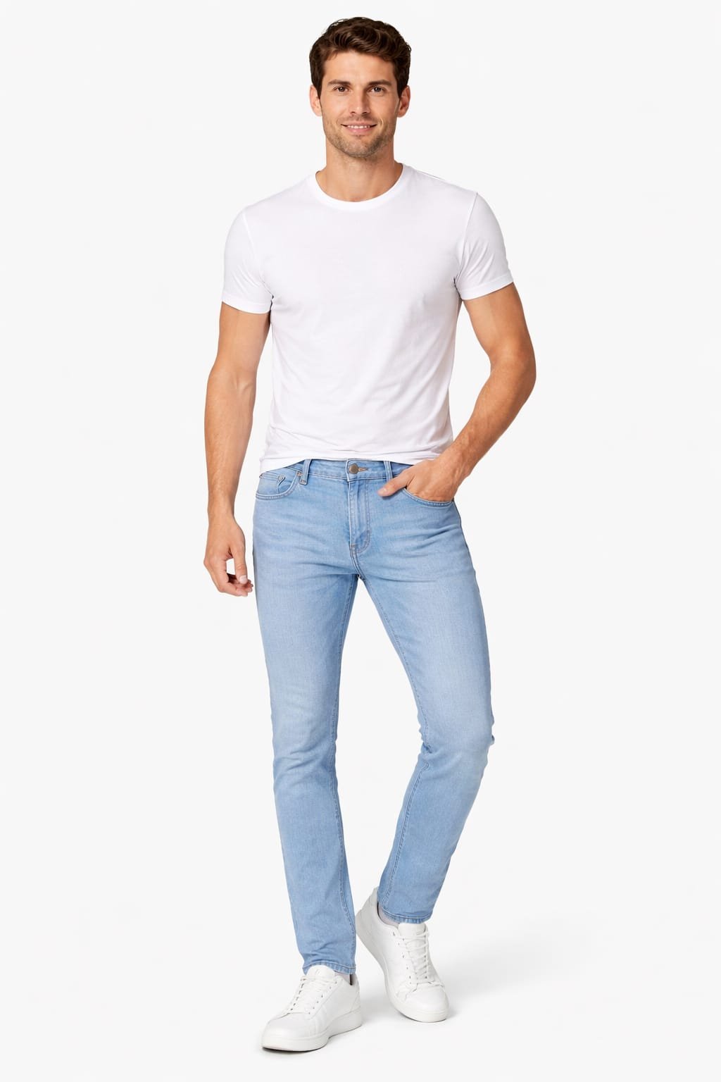Rai-ox slim fit jeans in light blue worn by a model