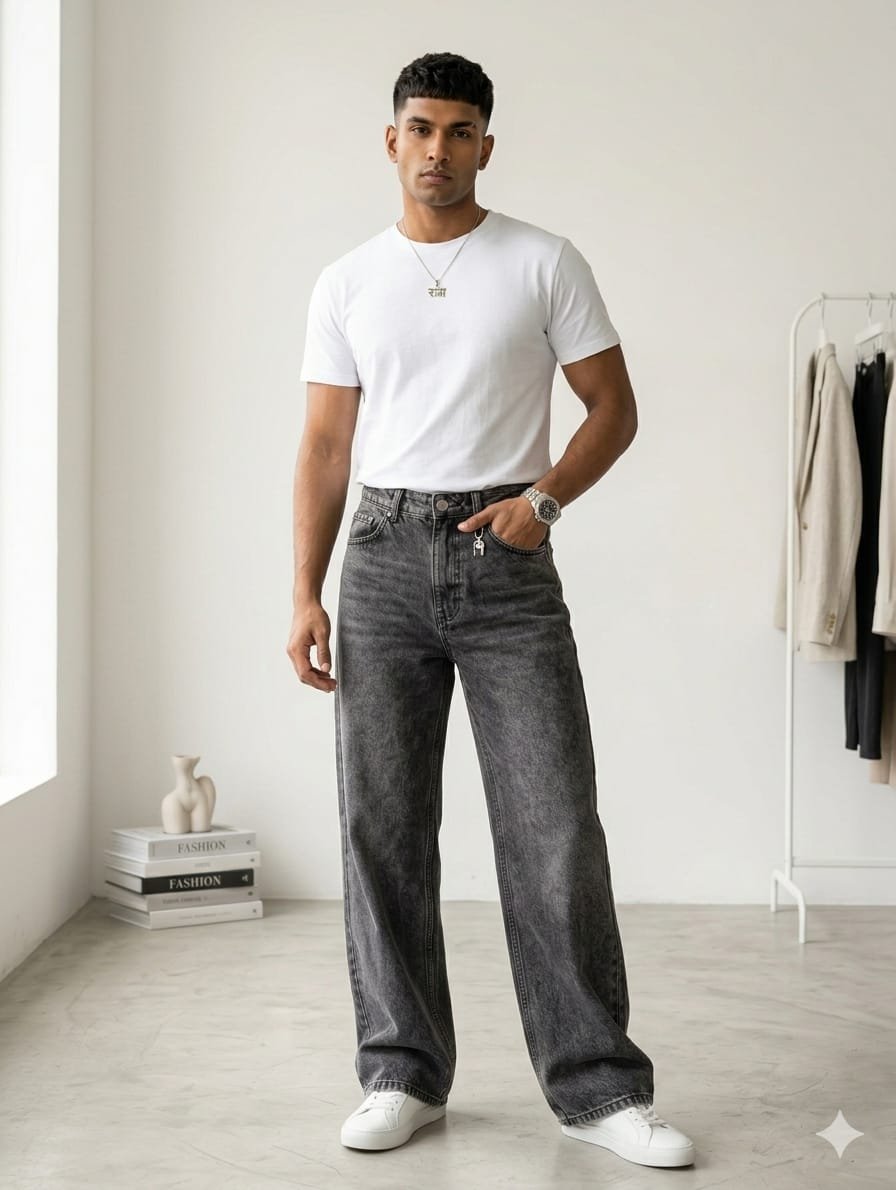 Rai-ox model in dark wide-leg jeans