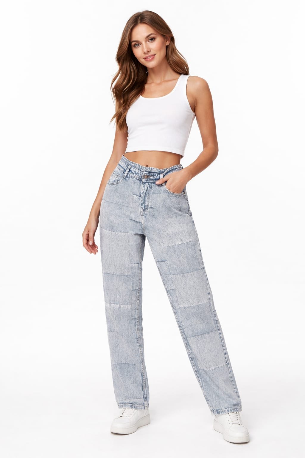 Rai-ox light-wash patchwork jeans worn by a woman