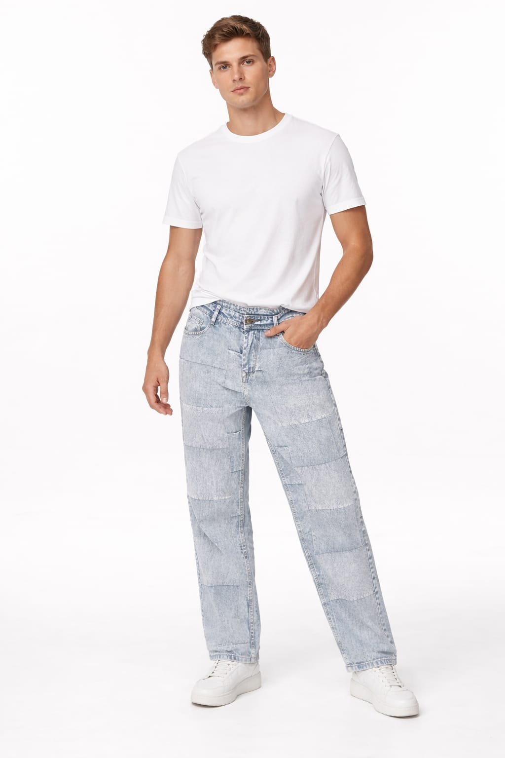 Rai-ox light-wash patchwork distressed jeans on a model