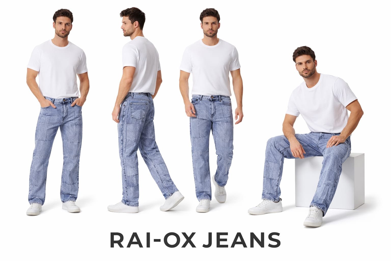 Rai-ox jeans worn by a model from four angles