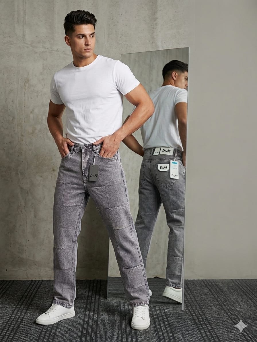 Rai-ox model in grey acid-wash jeans, studio shot